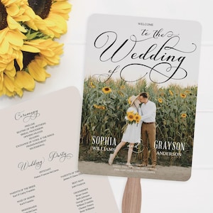 May include: A wedding program fan with a sunflower field photo of the couple, Sophia and Grayson, and the text "Welcome to the Wedding of Sophia Williams and Grayson Anderson". The back of the fan has the wedding ceremony and reception details.