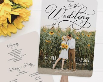 Romantic Script Wedding Program Fan with Photo, Wedding Ceremony, Printable Fan Program Template, Wedding Fan, Modern Wedding, Elegant Wed