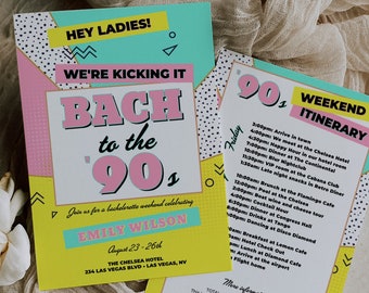 Inbjudan och resplan för 90-talsmössa, Bach To The 90s Möhippa-helginbjudan, Tillbaka till 90-talet, Throwback, Retro