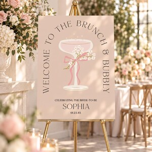 Plantilla editable de cartel de bienvenida para brunch y champán, cartel imprimible de bienvenida para despedida de soltera, decoración para despedida de soltera, brunch nupcial, despedida de soltera con champán, rosado