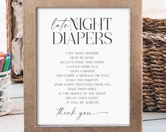 Late Night Diapers Sign File, Printable Game Sign, Minimalist Baby Shower, Shower Game, Baby Shower Decor, Modern Whimsy, Instant Download