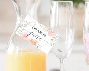 Mimosa Bar Juice Tags - Hanging Juice Tags - Mimosa Bar Tags - Editable Tag - Bridal Shower Decor - Printable Tag - Pastel Blush