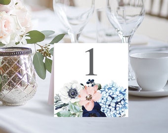 Wedding Tented Table Numbers 1-40 - Printable Wedding Table Numbers - 5x5 Folded Table Numbers - Instant Download - Navy Blooms