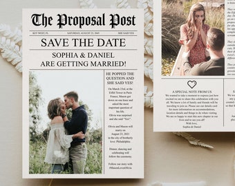 Newspaper Save the Date Template, Save The Date with Photo, Unique Save The Dates, Wedding Invitation Printable, Instant Download, Modern