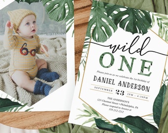 Wild One 1st Birthday Invitation, First Birthday Invite, Boy Birthday Invitations, Jungle, Printable Editable Invite, Tropical Monstera
