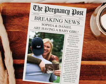 May include: A newspaper announcement with a black and white design. The headline reads "Breaking News" and announces that Sophia and Daniel are having a baby girl. A photo of the couple is included in the announcement.