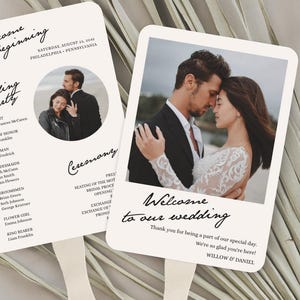 Programa de boda con abanico, plantilla de programa personalizada, programa de boda minimalista personalizado, ceremonia, boda moderna, estética vintage, película retro, abanico