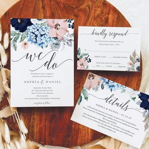 Wedding Invitations Template, Fully Editable Wedding Invite, Wedding Invitation Set, Wedding Suite, We Do, Download, Floral, Navy Blooms