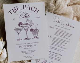 Social Club Bachelorette Party Invitation and Itinerary Template, Luxury Bachelorette Weekend Invite, The Bach Club, Personalized Bach