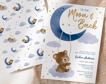 Bear Baby Shower Invitation Template, To The Moon And Back, Moon Baby Shower Invite, Twinkle, Boy Girl Shower, Neutral Baby Shower, Stars
