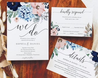 Wedding Invitations Template, Fully Editable Wedding Invite, Wedding Invitation Set, Wedding Suite, We Do, Download, Floral, Navy Blooms