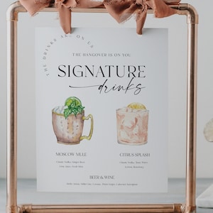 Modelo de cardápio de bar, placa de coquetéis exclusiva para impressão, bebidas exclusivas editáveis, placa de bar com bebidas para ele e para ela, placa de bebidas, simplesmente minimalista