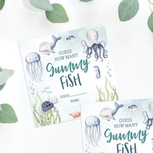 Juego de cuántos peces de gomita, juego de baby shower, juegos de baby shower, letreros y tarjetas, adivina cuántos, dulces, imprimible, bajo el mar, océano, ballena