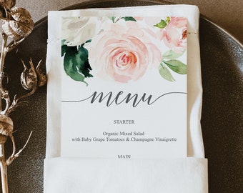 Wedding Menu Template, Printable Menu, Editable Menu, Bridal Shower Menu, 4x9 Menu, Baby Shower Menu, Birthday, Floral, Blushing Blooms