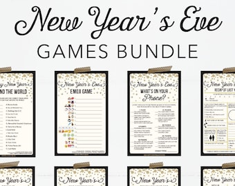 May include: A collection of New Year's Eve games, including "Around the World," "Emoji Game," and "What's on Your Phone?" Each game is printed on a white background with gold accents and secured with a decorative clip.