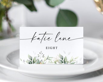 Greenery Place Card Template, Wedding Place Cards, Printable Seating Cards, Instant Download, Elegant, With Meal, DIY, Watercolor Greenery