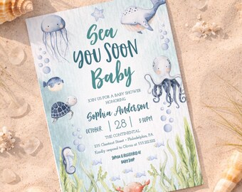 Under The Sea | Sea You Soon Baby | Printable Baby Shower Invitation Template | Boy Baby Shower Invite | Ocean | Beach Baby Shower