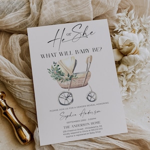 May include: A white gender reveal invitation card featuring the text He or She, What Will Baby Be?, and details for Sophia Anderson. The card displays a watercolor illustration of a wicker baby carriage with green foliage and wheels.