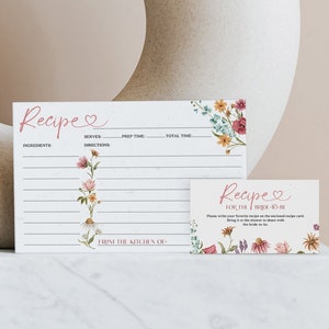 Plantilla de tarjeta con receta de campo de flores silvestres, descarga instantánea, tarjeta con receta imprimible con inserto, despedida de soltera, tarjeta con inserto de receta