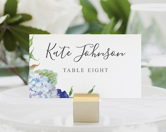 Vintage Blue Hydrangea Place Card Printable Template, Wedding Place Cards, Seating Cards, Editable Cards, Meal Choice, Instant Download