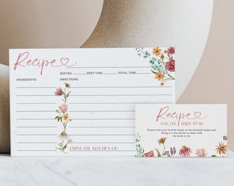 Wildflower Field Recipe Card Template, Instant Download, Printable Recipe Card with Insert, Bridal Shower, Recipe Insert Card