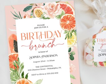 Invito per brunch di compleanno a tema agrumi tropicali con modello di etichetta, invito di compleanno al limone, download, invito per festa di compleanno, pacchetto per feste