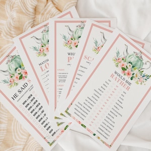 Paket med tespel för brudduschen, spelpaket för brudduschen, bingo, han sa hon sa, romantisk blommig tekanna, elegant, spel för tebjudning för brudtärna