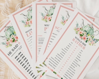 Paket med tespel för brudduschen, spelpaket för brudduschen, bingo, han sa hon sa, romantisk blommig tekanna, elegant, spel för tebjudning för brudtärna