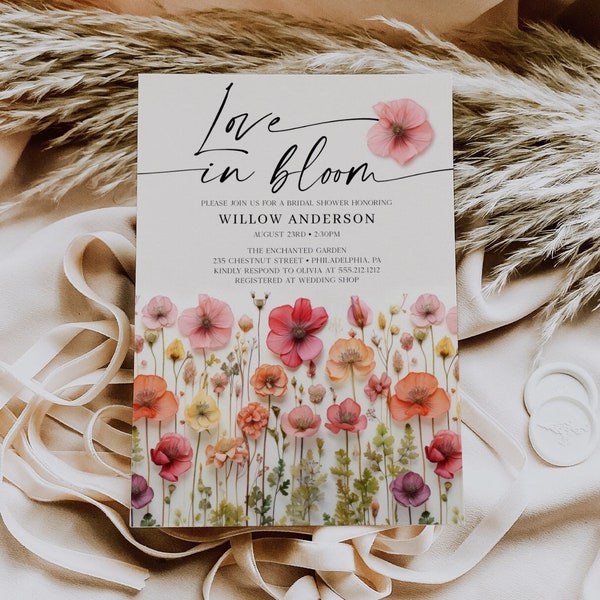 Love In Bloom, Wildflower Bridal Shower Invite Template, Flower Stems, Printable Bridal Shower Invitation, Instant Download, Colorful Flower