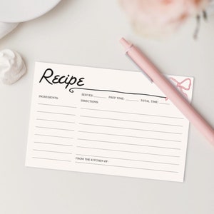 Hand Drawn Recipe Card Printable, Printable Recipe Card, Bridal Shower Recipe Cards, 4x6 Recipe Card, Whimsical, Pearls & Prosecco, Bow Pink
