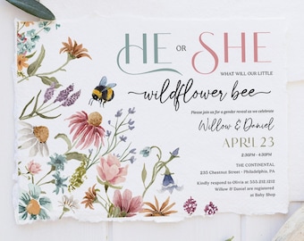 Wildflower Gender Reveal Invitation, What Will Baby Bee, Boho Baby Shower Invitation, Download, Wildflower Field, Baby Gender Reveal