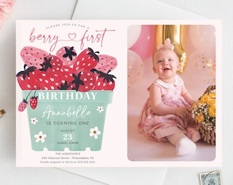 Berry First Birthday Invite Template, Strawberry 1st Birthday Invitation, Berry Birthday Party, Printable Girl Birthday Party, Strawberry