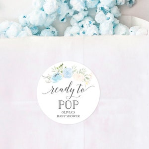 Ready To POP - Baby Shower Sticker Labels  - Printable Favor Stickers - Boy Baby Shower Favors - Popcorn - Stickers - Editable - Pastel Blue