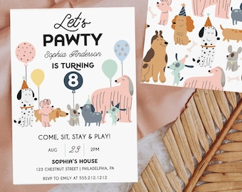 Dog Birthday Pawty Invitation Template, Puppy Pawty Invite, Let's Pawty Dog Birthday Invite, Birthday Invitation, Editable Invitation, Cute