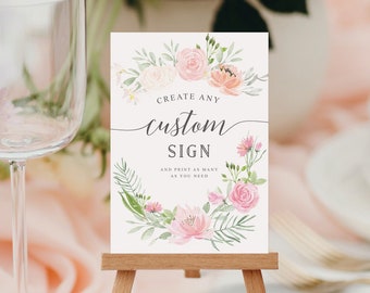 Editable Custom Sign Template, Custom Bridal Shower Sign, Baby Shower Sign, Favors, Mimosa, Gifts and Cards, Table Sign, Pastel Blush Floral