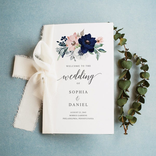 Plantilla de programa de boda plegable, programa de boda imprimible, programa de ceremonia editable, católico, minimalista, descarga instantánea, Navy Blooms