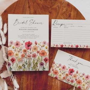 Modèle de jeu d'invitations pour la douche nuptiale fleurs sauvages, invitation modifiable imprimable tiges de fleurs, carte de remerciement, carte de recette, brunch de la mariée
