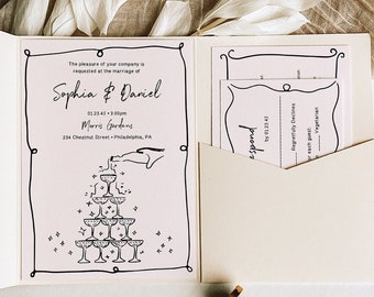 Hand Drawn Wedding Invitations Template, Printable Wedding Invitation Set, Destination Wedding, RSVP Card, Details Card, Handwritten, Sketch