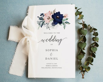 Folded Wedding Program Template, Printable Wedding Program, Editable Ceremony Program, Catholic, Minimal, Instant Download, Navy Blooms