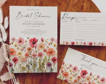 Wildflower Bridal Shower Invitation Set Template, Flower Stems Printable Editable Invite, Thank You Card, Recipe Card, Bridal Brunch