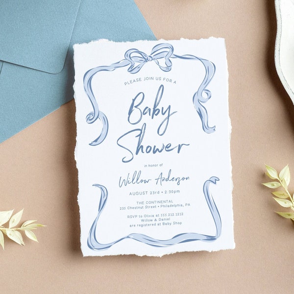 Hand Drawn Bow Baby Shower Invitation Template, Boy Baby Shower, Printable Baby Shower Invite, Boy Baby Shower, Download, Baby Sprinkle