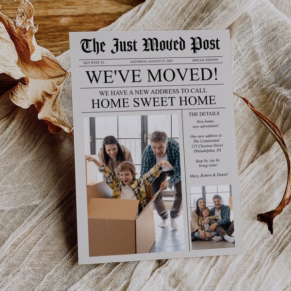 Newspaper Moving Announcement Template, New Address Announcement, We Moved Printable Card, New Home Download, Change of Address Digital