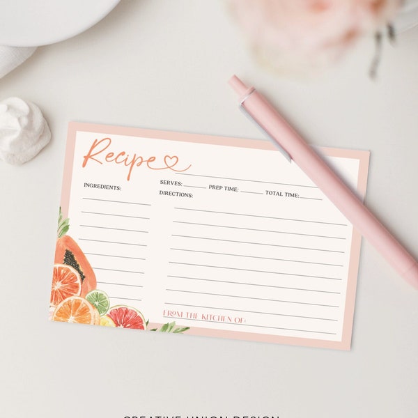 Recipe Card Printable, Printable Recipe Card, Bridal Shower Recipe Cards, 4x6 Recipe Card, Pastel Blush, Creative Union Design