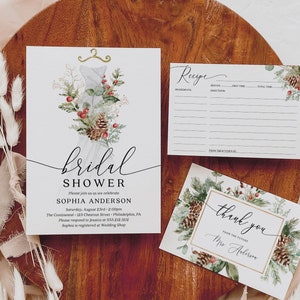 Elegant Christmas Bridal Shower Invitation Set Template, Printable Editable, Invite, Thank You Card, Recipe Card, Bridal Brunch, Dress