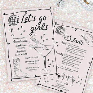 Let's Go Girls Nashville Convite para despedida de solteira e modelo de itinerário, convite para fim de semana de despedida de solteira Nash Bash, Último rodeio, desenhado à mão