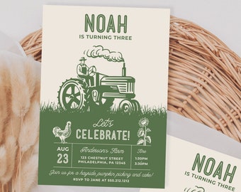 May include: Green and white invitation for a birthday party. The invitation features a tractor, a rooster, sunflowers, and the text "Noah is turning three". The invitation also includes the date, time, and location of the party.