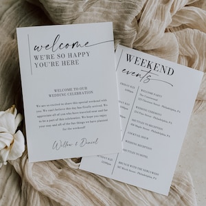 Modelo de roteiro de casamento minimalista e estético, carta de boas-vindas para impressão, programação de fim de semana, informações para convidados, ordem do evento