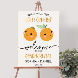 Little Cutie Gender Reveal Willkommensschild Vorlage, Citrus Babypartyschild, Willkommensschild, Geschlechtsneutral, Junge oder Mädchen bearbeitbarer Download