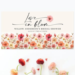 May include: A bridal shower invitation with a floral design. The invitation reads "Love in Bloom, Willow Anderson's Bridal Shower, August 23rd, 2:30PM".