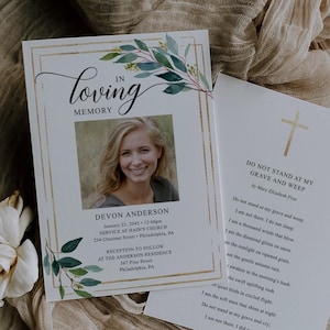 Funeral Announcement Template, Funeral Invitation, Memorial Service, Funeral Template, Digital Memorial Announcement, Garden Greens, Gold